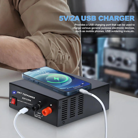 13.8V 30A DC Power Supply For Ham Radios And Bench Projects with phone charging via 5V 2A USB output