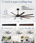 72 Inch Outdoor Ceiling Fan With Lights And Remote, showing 10 blades, 32W LED light, mounting options, and ceiling height adaptations.
