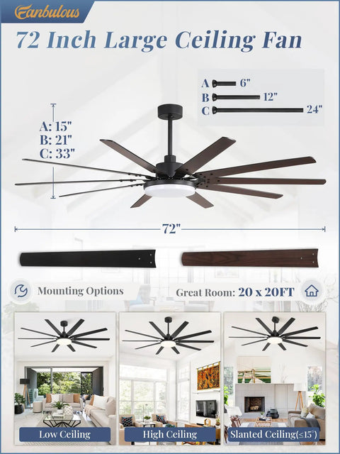 72 Inch Outdoor Ceiling Fan With Lights And Remote, showing 10 blades, 32W LED light, mounting options, and ceiling height adaptations.