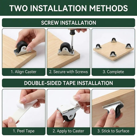 Two methods for installing 12 Piece Small Caster Wheel Set With Low Profile Soft Rubber Fixed Casters For Furniture And Diy Projects Includes 8 Pieces 0.5 Inch And 4 Pieces 1 Inch Non Swivel For Under Bed Drawers Cabinets And Carts on wood, using screws or tape.
