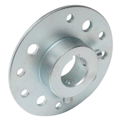 Beater Proof Aluminum Chain Sprocket Axle Hub Adapter Precision Machined Keyed Design Built Tough For Go Kart Dune Buggy Golf Cart Atv Utv Ebike Quad Trike Offroad Motorcycle Cruisers Featuring 26mm Axle Hole, silver circular hub with bolt holes.