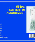 555 Piece Cotter Pin Assortment In Spring Steel With Zinc Plating Includes One Sixteenth Inch By One Inch Pins And Three Thirty Second Inch By One Inch Pins Plus Other Sizes Comes In A Handy PP Storage Case With Size Chart For Quick Identification, showing case with sorted pins.