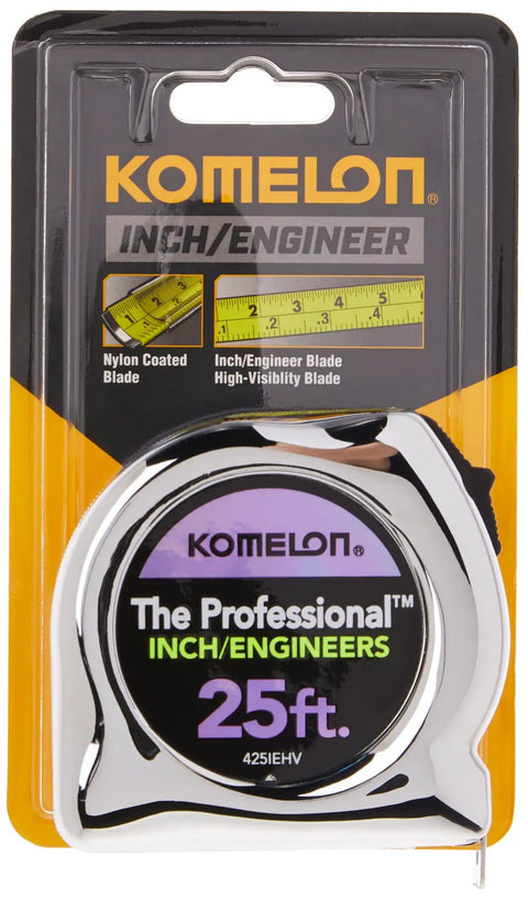 High Visibility Pro Tape Measure Workhorse With Inch And Engineer Scale, 25 Feet By 1 Inch, Chrome Case, Easy Slide Lock, Nylon Coated Blade, Durable, Accurate, Built For The Jobsite