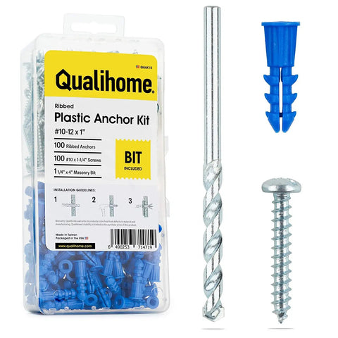 Drywall Anchors and Screws Kit with Drill Bit for a Strong Hold in Walls, 100 Anchors and 100 Screws, Ribbed Plastic