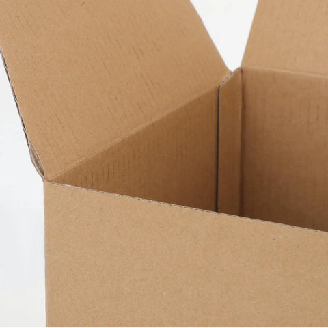 Six Pack Small Kraft Paper Shipping Boxes for Durable Shipping and Storage, Heavy Duty Corrugated Boxes with Strong Compression Resistance, Reusable Packaging for Business Use, Ideal for Restocking, Warehouse Transfers, and Organization close-up open kraft corrugated box