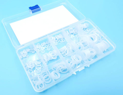 Silicone O-ring kit, 225-piece, white gaskets in a clear plastic storage box.