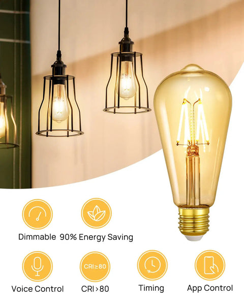Smart Edison Bulbs 4 Pack WiFi LED E26 Edison Bulbs And ST19 Vintage Filament Dimmable 45W Equivalent 2200K Soft White 350 Lumens