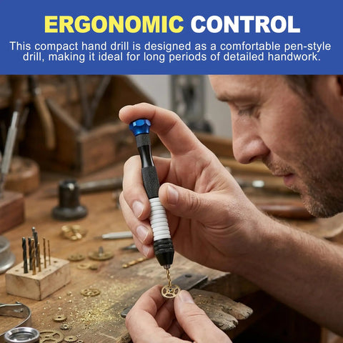Top Notch Pen Style Pinvice And Micro Drill Bit Set, 26 Pc Hss Handheld manual kit used for detailed craftwork on small gear.