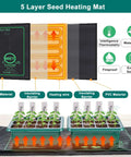 Diagram of Seed Starter Tray Kit No Fuss With Heat Mat And Grow Light showing 5-layer heating mat and seedling trays on top.