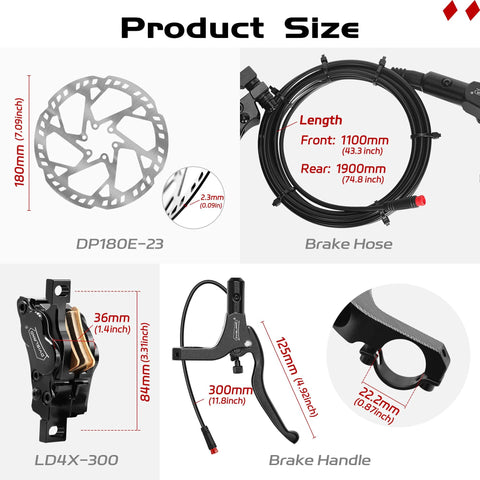 DYISLAND hydraulic disc brake kit: front/rear set, 180mm black DP180E-23 rotor, hoses, LD4X-300 caliper, lever