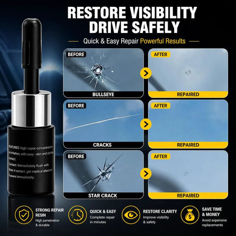 DIY Windshield Repair Kit For Chips And Cracks Fast Fix With Deep-Penetrating Resin shown with before and after repair results