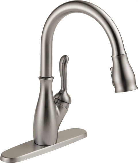 Leland Single-Handle Pull-Down Kitchen Faucet With ShieldSpray, Refurbished Stainless Finish, shown with base plate