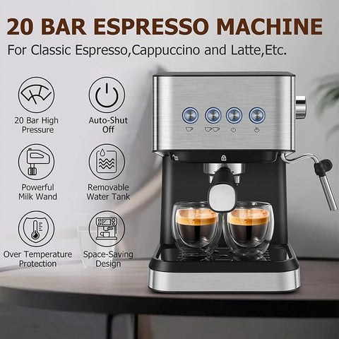 Top Shelf Espresso Coffee Machine With 20 Bar Italian Pump And 1050W Fast Heat Boiler, sleek design with dual espresso shots.