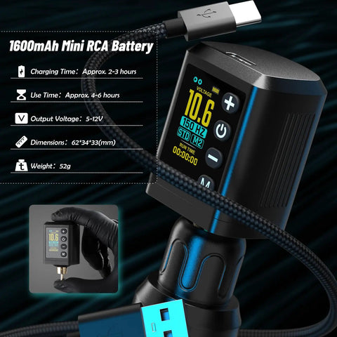 Rotary Tattoo Gun Pen Kit Complete Starter Set With Two Wireless Power Supplies showcasing mini RCA battery details