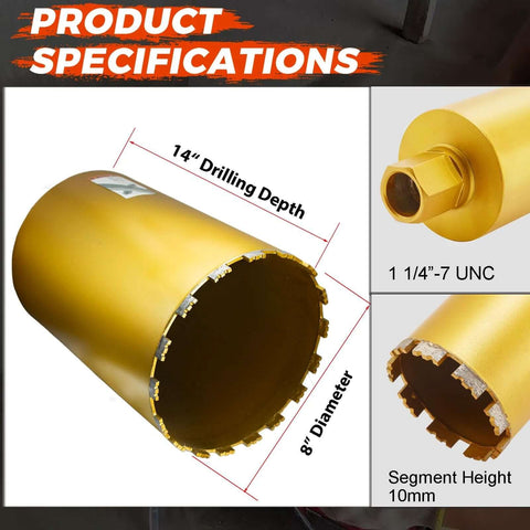 DaduoRi 8-inch wet diamond core drill bit with 1-1/4-7 UNC thread and 14-inch drilling depth for concrete.