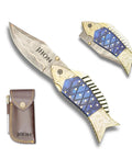 Custom Copper Damascus Fish Style Folding Knife With Ladder Pattern Blade Handmade EDC Ready Pocket Knife Brass Engraved Blue Resin Handle