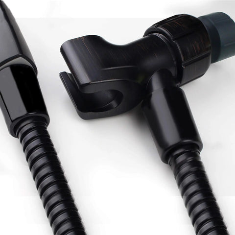 Adjustable Shower Arm Bracket With 360 Degree Swivel Ball Joint For Handheld Shower Head Holder Tool Free Install No Fuss Setup Easy Mount 1/2 Inch Inlet To 1/2 Inch Outlet Durable black ABS bracket with threaded inlet and outlet