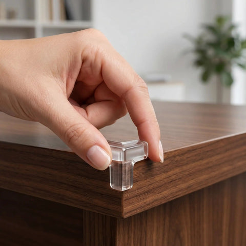 Hand installing Four Pack PVC Corner Guards for Furniture and Tables, No Tools Needed, Easy Install Edge Protectors, clear on table edge