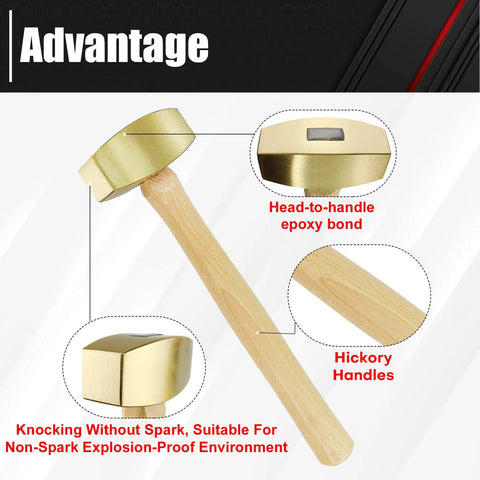 Solid Brass Non-Sparking Hammer With Hickory Handle Two-Pound Non-Marring Tool For Delicate Metalwork And Auto Jobs Drop-Forged Brass For A Safe Surface-Protecting Strikes Workhorse image showing brass head and hickory handle with epoxy bond.