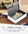 Open Key Lock Dictionary Diversion Book Safe, Portable Metal Safe Box For Hidden Storage with cash and coins, navy exterior