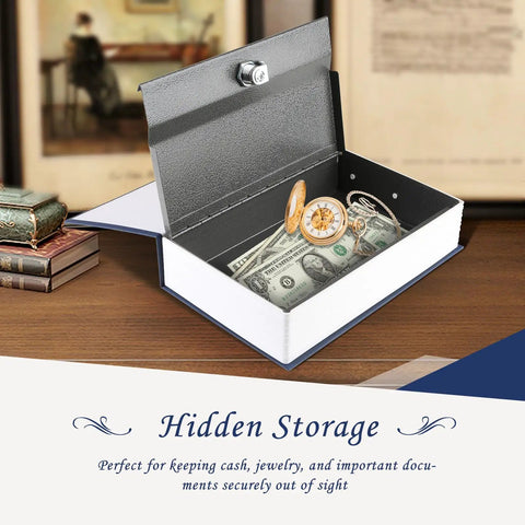 Open Key Lock Dictionary Diversion Book Safe, Portable Metal Safe Box For Hidden Storage with cash and coins, navy exterior