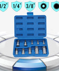 Open blue case showing ten piece 12 point triple splined bit socket set with 1/4, 3/8, and 1/2 inch drives for auto repair