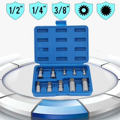 Open blue case showing ten piece 12 point triple splined bit socket set with 1/4, 3/8, and 1/2 inch drives for auto repair