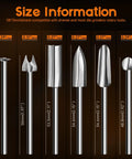 Heavy Duty Wood Carving Drill Bits Set With Rotary Tool Compatibility Six Piece Engraving Kit showing six precision tungsten steel bits with sizes.