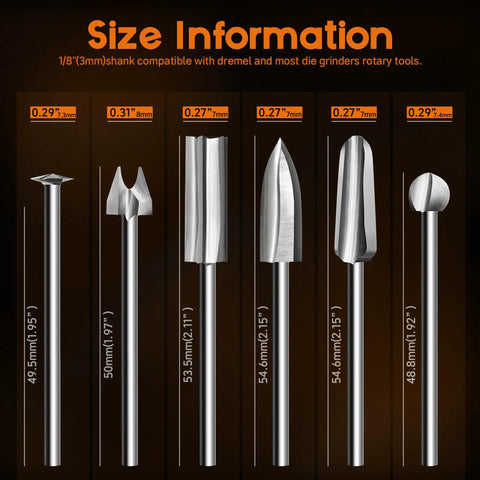 Heavy Duty Wood Carving Drill Bits Set With Rotary Tool Compatibility Six Piece Engraving Kit showing six precision tungsten steel bits with sizes.