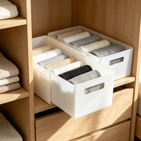 Slick Adjustable Drawer Organizer Slides Easy To Block Any Gap No Sweat Guaranteed For Organizing Makeup Pens And Gear In Kitchen Drawers Or Office Setups with neatly rolled fabric.