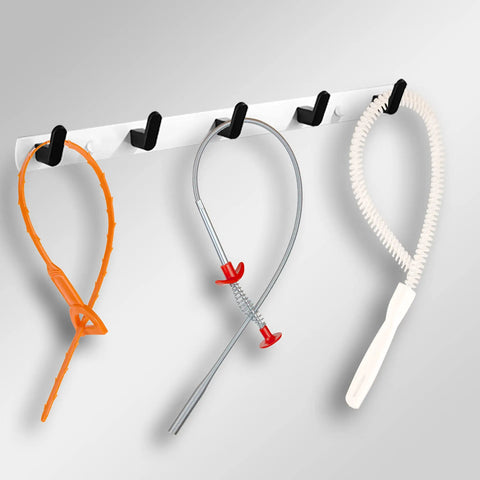 Pro Grade Drain Hair Remover Kit With 6 Long Drain Snakes, 1 Metal Clog Remover And 2 Cleaning Brushes on hooks.
