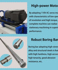 Portable precision boring machine with 110V motor and long blue frame showing a silver boring bar