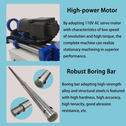 Portable precision boring machine with 110V motor and long blue frame showing a silver boring bar