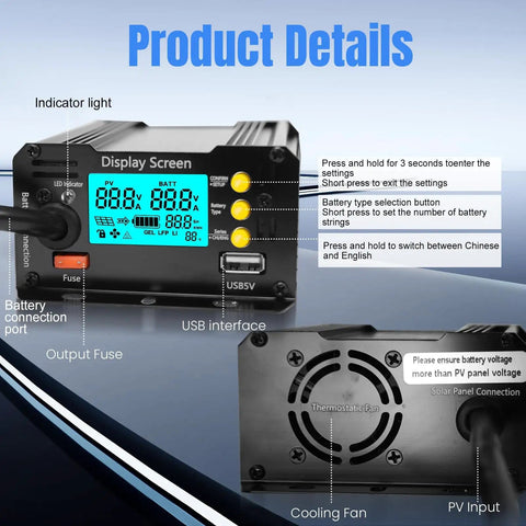 400W Boost MPPT Solar Charge Controller With LCD Display Regulator showing interface with buttons and cooling fan