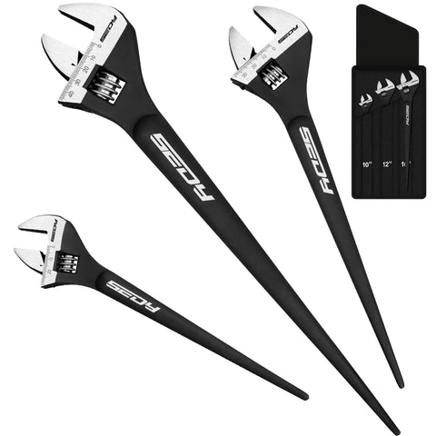Beefy 3 Piece Adjustable Spud Wrench Set With 10 12 And 16 Inch Sizes CRV Steel Black Oxide Finish SAE And Metric Scale