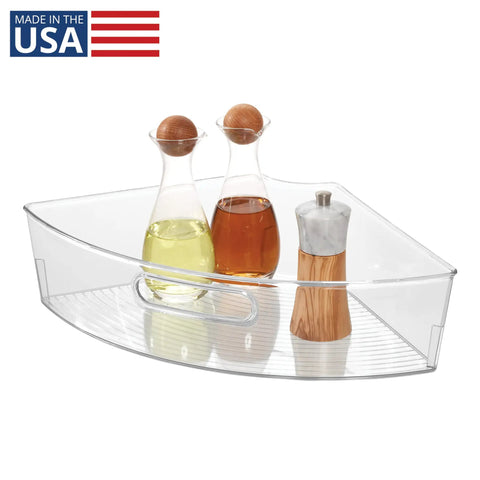 Clear Plastic Quarter Wedge Bin Fits Tight In Corner Cabinets Boosts Space Lazy Susans Store Spices Condiments Pantry Goods smooth pull with bottles