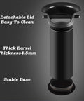 Slick Black Espresso Dump Bin, Detachable Vertical Coffee Grounds Bucket with detachable lid and thick 4.5mm barrel.
