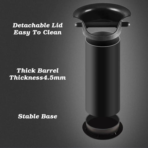 Slick Black Espresso Dump Bin, Detachable Vertical Coffee Grounds Bucket with detachable lid and thick 4.5mm barrel.