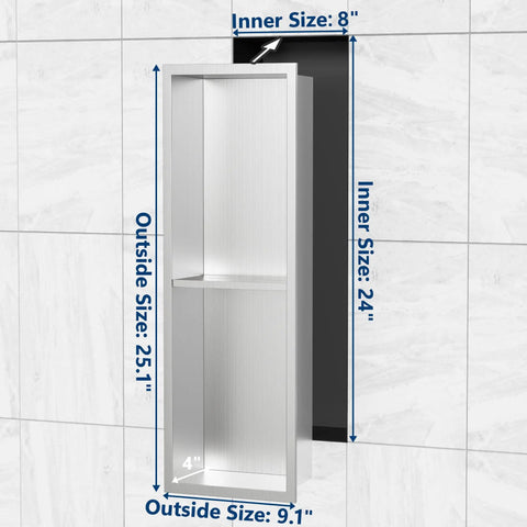 Stainless Steel Shower Niche With Double Shelves And Recessed Install For No Tile Needed Walls 8 Inch By 24 Inch Brushed Nickel Finish