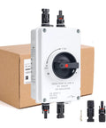 32 Amp DC 1200V Solar Disconnect Switch Isolator With IP66 Waterproof Enclosure, side view with MC4 terminals, for outdoor PV panel systems