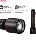 Close-up of P6R Signature Rechargeable Flashlight with 1400 lumens, advanced focus system, and multi-core optics in sleek black.