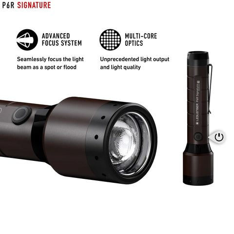 Close-up of P6R Signature Rechargeable Flashlight with 1400 lumens, advanced focus system, and multi-core optics in sleek black.