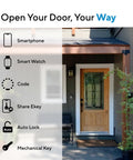 Image showing options to operate the Top Shelf Z Wave Deadbolt Smart Lock, including smartphone and mechanical key.