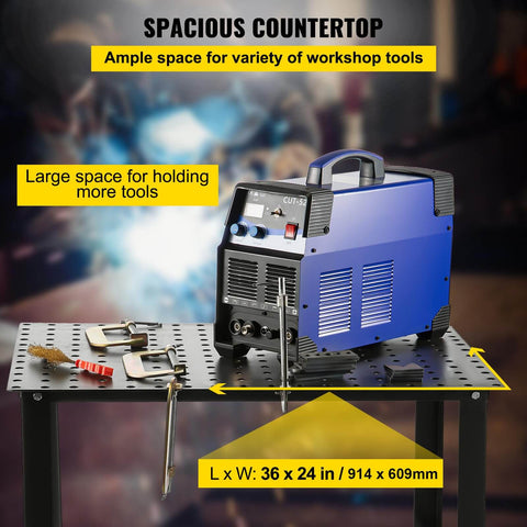 Beefy Heavy Duty Welding Table 36 By 24 Inches With 800 Lbs Capacity, holding welding tools, 0.63 Inch Fixture Holes visible