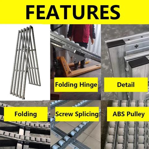Features of Slick Foldable Gravity Conveyor, including folding hinge, ABS pulleys, and screw splicing for lightweight non powered use.