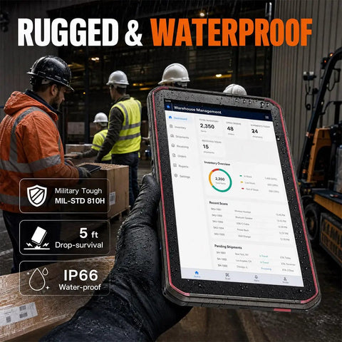 Tough As Nails Eight Inch Rugged Android Tablet With Integrated 1D 2D Barcode Scanner in wet warehouse environment.