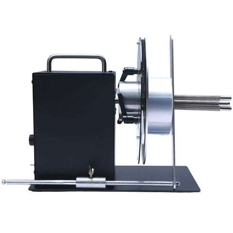 Side view of Automatic Label Rewinder Machine For Printers Bidirectional Rewinder With Adjustable Core Holder One To Four Inches.