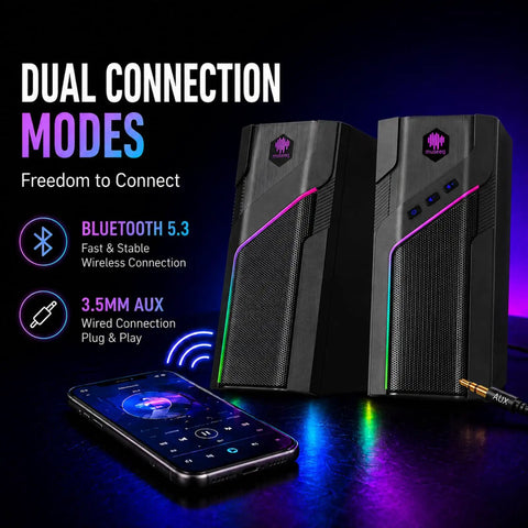 RGB Gaming Speakers For PC Desktop With 21 Lighting Modes, Bluetooth Ready Stereo Computer Speakers near smartphone with AUX
