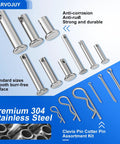 150 Piece 304 Stainless Steel Clevis Pins Cotter Pins R Clips Pro Grade Assortment Kit With 15 Sizes For Trailer Hitch Automotive And Machinery Use Flat Head Fasteners Ready For Repairs
