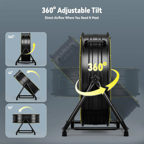 Heavy Duty High Velocity Drum Fan Pumping Out Serious Chill For Garage Shop Warehouse And Patio With Badass 8800 CFM Airflow And Three Speed Settings, showing 360° adjustable tilt feature.